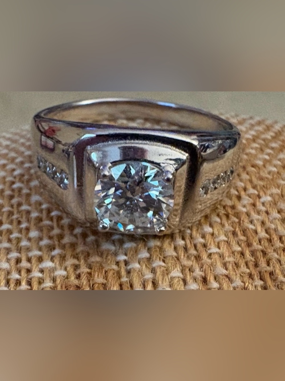 Men's Style Silver-Tone Solitaire Ring with White Center Stone